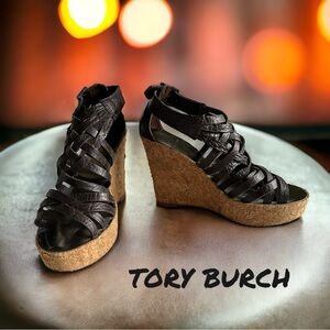 TORY BURCH BROWN LEATHER SANDALS WEDGE SHOES 6.6